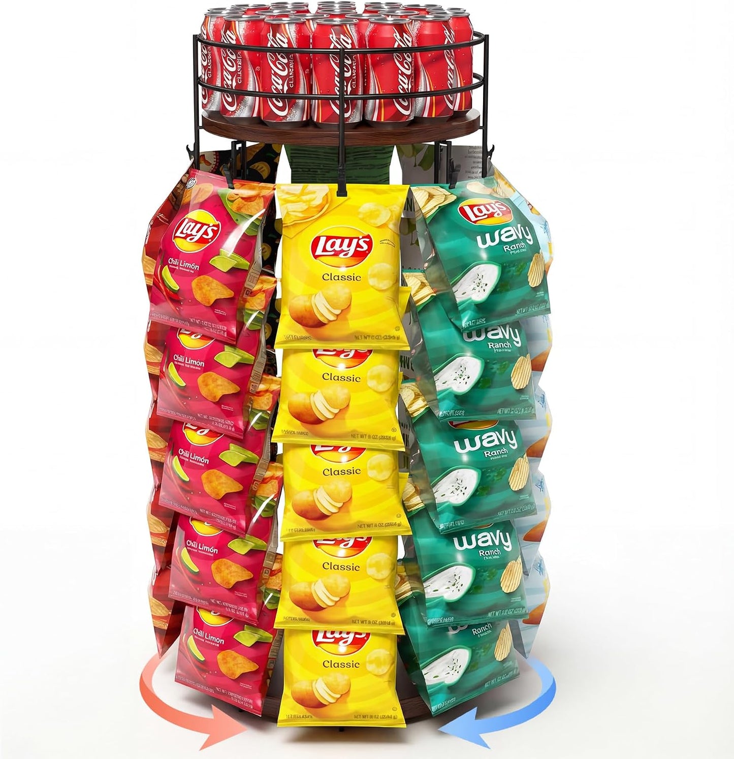Liaakrr 360° Rotating Snack Display Stand with Secure Top Tier, Holds Drinks & Chips, 5-Tier 40-Clip Countertop Organizer for Party, Kitchen, Store-Beige