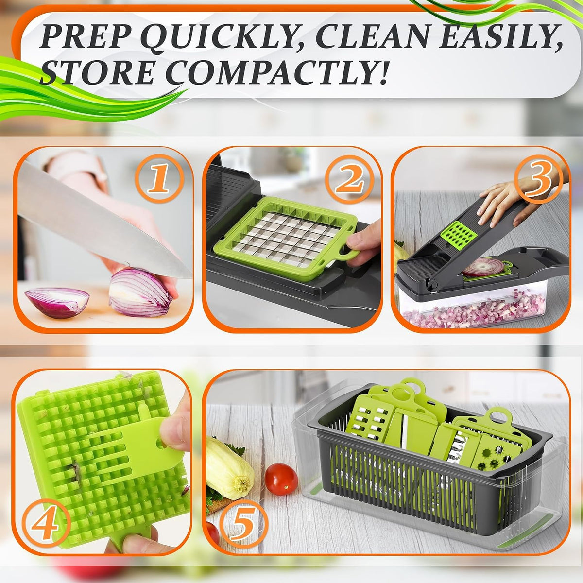 14-in-1 Vegetable Chopper with Container, 6 Blades & Finger Guard