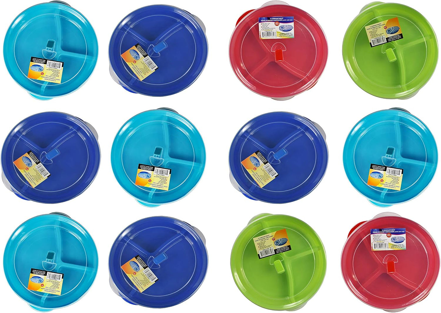 Black Duck Brand Set of 6 Assorted Microwave Food Storage Tray Containers - 3 Section/Compartment Divided Plates w/Vented Lid (6 Assorted Plates)