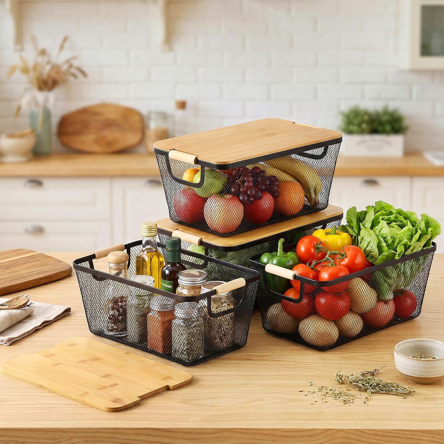 Geelin 4 Pcs Metal Wire Basket with Wooden Handles and Bamboo Lids 12.2 x 8.27 x 5.51 Mesh Steel Basket Stackable Storage Bins Organizer Containers for Vegetables Fruit Home Cabinet Pantry(White)
