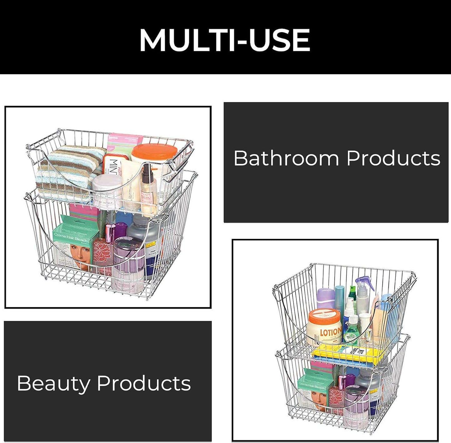 Smart Design Stacking Baskets Organizer w/ Handle - Medium - Steel - for Food, Fruit, & Vegetable Safe - Kitchen (12.63 x 5.5 Inch) [Chrome] (2 Pack)