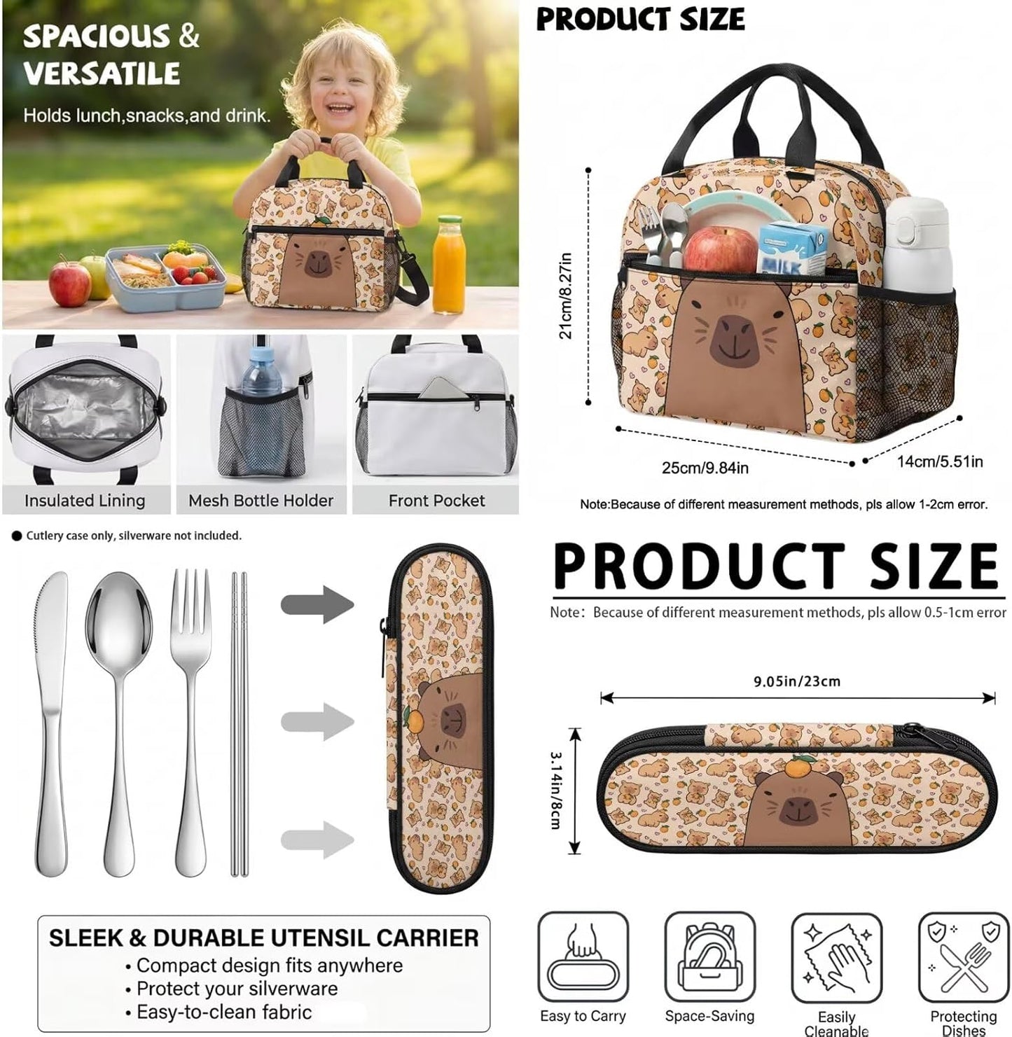Cute Capybara Pizza Backpack for Girls, 5 Pcs Boys School Bag Set for Kids, 17 Inch Backpacks Lunch Pencil Box Reusable Utensils Case Set for Middle Elementary School, 3rd Grade Backpack