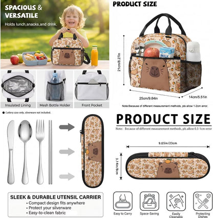 Cute Capybara Pizza Backpack for Girls, 5 Pcs Boys School Bag Set for Kids, 17 Inch Backpacks Lunch Pencil Box Reusable Utensils Case Set for Middle Elementary School, 3rd Grade Backpack