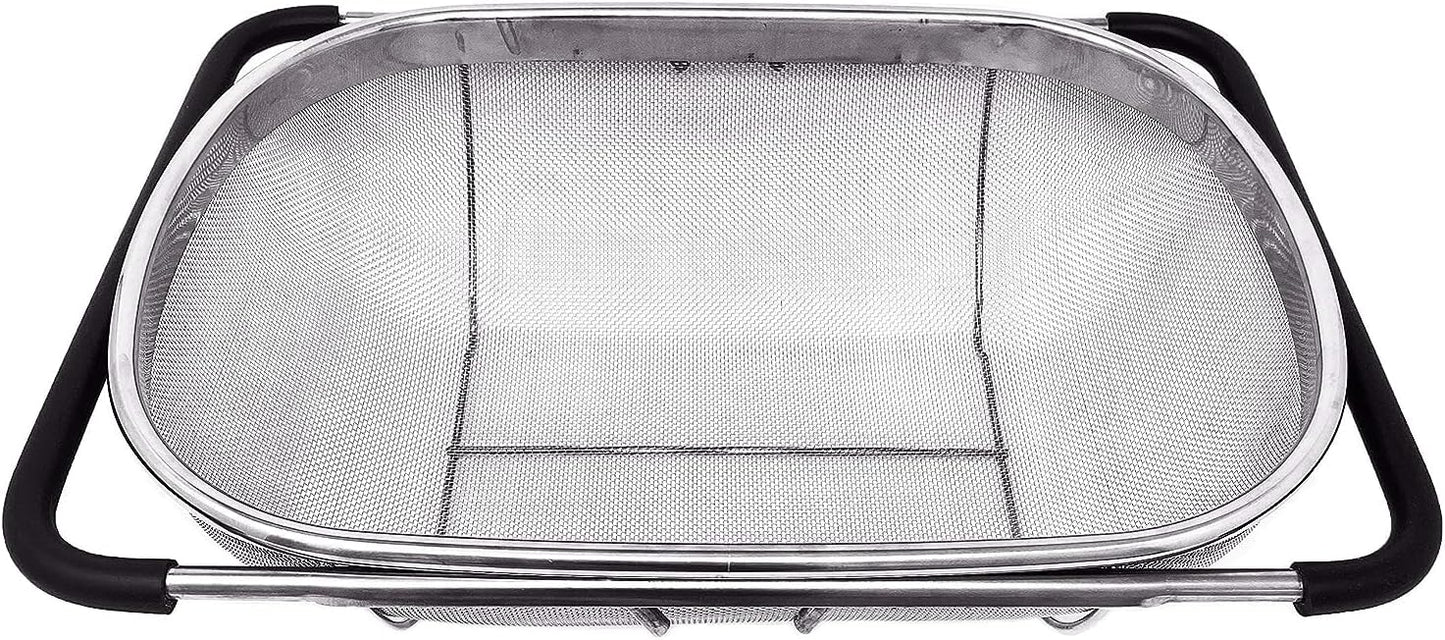 Gormery_Over The Sink Colander Strainer Basket Stainless Steel, for Kitchen Sink with Rubber Grip, Fine Mesh Stainless Steel, Large, Expandable Metal Strainer for Pasta, Food, Vegetables