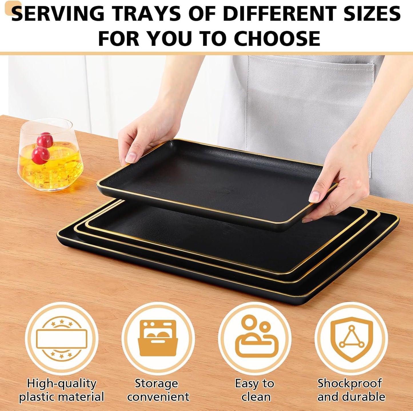 Rtteri Set of 4 Large Serving Platter Set 15/14/13/12 Inch Heavy Plastic Serving Trays Unbreakable Rectangular Platter Reusable Wood Grain Tray for Buffet Wedding Christmas Party(Black and Red)
