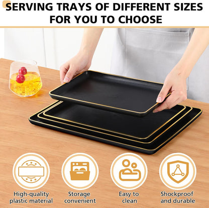 Rtteri Set of 4 Large Serving Platter Set 15/14/13/12 Inch Heavy Plastic Serving Trays Unbreakable Rectangular Platter Reusable Wood Grain Tray for Buffet Wedding Christmas Party(Black and Red)