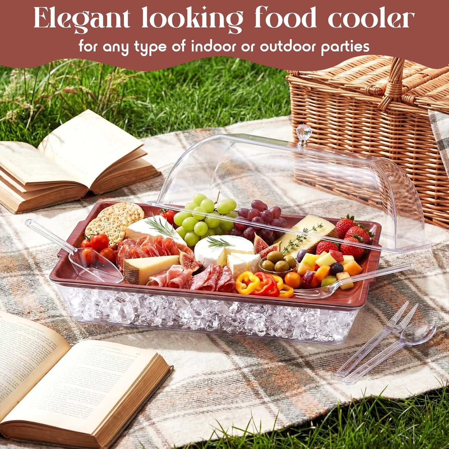 Baderke 16" x 9" Chilled Serving Tray for Parties with lids Compartments Ice Chilled Party Platter Charcuterie Serving Board Cold Dish Dip with Tongs for Fruit Seafood Vegetable (Dark Wood)