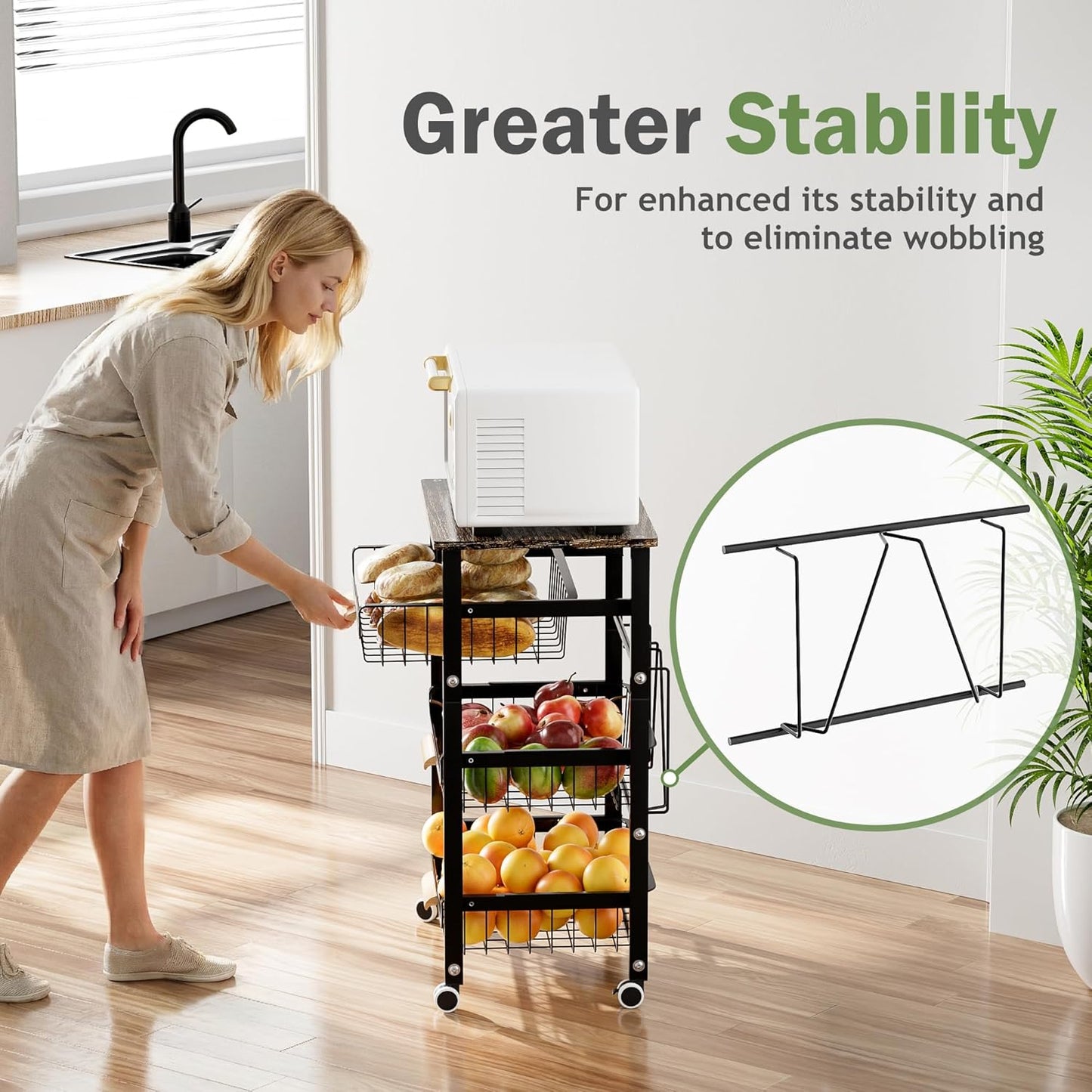 JAQ Slide Out Fruit Vegetable Basket for Kitchen, 4-Tier Rolling Storage Cart with Wooden Handle & Top, Metal Wire Produce Rack for Pantry Organization, Onion Potato Storage Bins for Small Space,White