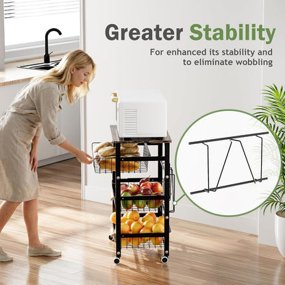 JAQ Slide Out Fruit Vegetable Basket for Kitchen, 4-Tier Rolling Storage Cart with Wooden Handle & Top, Metal Wire Produce Rack for Pantry Organization, Onion Potato Storage Bins for Small Space,White