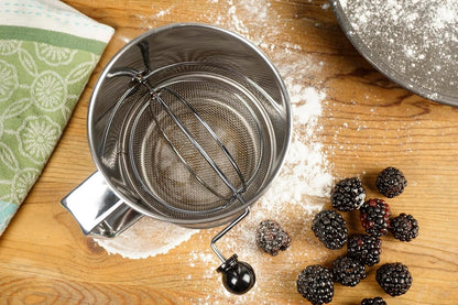 RSVP International Endurance® Stainless Steel Vintage One-Hand Sifter, 1 Cup | Top Cakes, Sift Flour, Marinade BBQ & More | Dishwasher Safe | Powder Sugar, Sift Flour, Spread Toppings & More