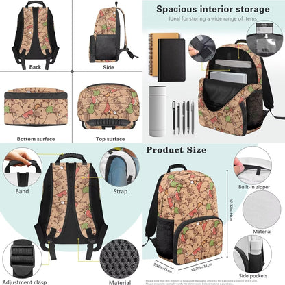Cute Capybara Pizza Backpack for Girls, 5 Pcs Boys School Bag Set for Kids, 17 Inch Backpacks Lunch Pencil Box Reusable Utensils Case Set for Middle Elementary School, 3rd Grade Backpack