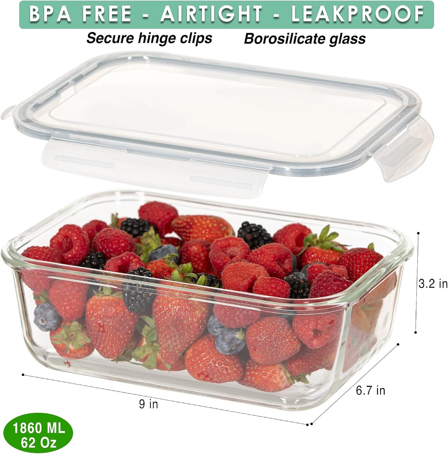 8 Cups Large Glass Container with Lid, Oven, Freezer and Microwave Safe, Clear Container