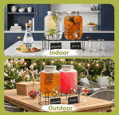 2-Pack 1-Gallon Glass Drink Dispensers with Heavy-Duty Wire Stand - 304 Stainless Steel Spigot & Mixing Spoon - 100% Leakproof Mason Jar Beverage Dispenser for Parties, Fridge, Kombucha - Wide Mouth