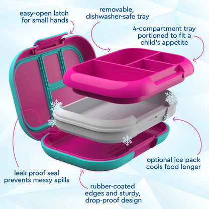 Bentgo Chill Kids Leak-Proof Lunch Box - 4-Compartment Bento Box with Built-In Ice Pack, 3.3 Cup Capacity, PFAS & BPA-Free, Microwave & Dishwasher Safe, Ideal Size for Ages 3 to 7 (Truly Teal)