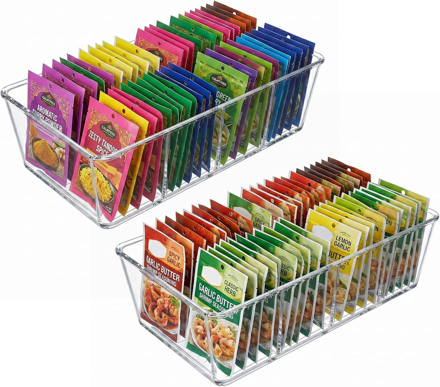 2 Pcs Seasoning Packet Organizer with Detachable Dividers, Storage Organizer Box for Cabinet, Kitchen Snacks Spice Packets Organizer and packet organizer pantry