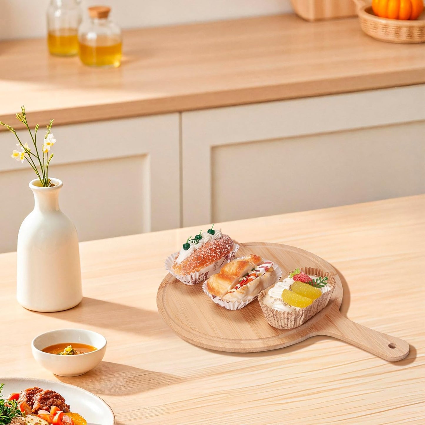 WILLOWDALE 10pcs Wood Cutting Boards for Kitchen, 10" Round Charcuterie Boards Wood Serving Board for Pizza, Cheese, Dessert, Wooden Cutting Board with Handle Fruit Vegetable Bamboo Cutting Board Set