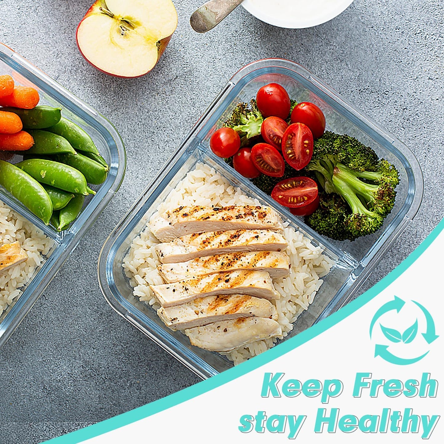 VERONES 10 Pack Glass Meal Prep Containers 2 Compartment Set, 30 OZ Airtight Glass Lunch Containers, Glass Food Storage Containers with Lids, for Microwave, Oven, Freezer & Dishwasher Friendly，Grey