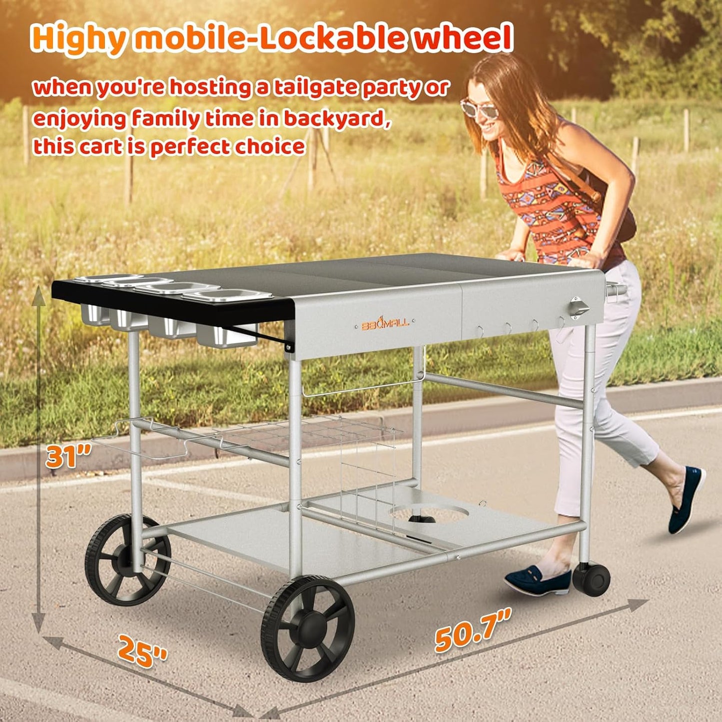 Upgraded Pizza Oven Cart Table for Ooni Koda/Karu/Fyra 16 & 12, Movable Thicken & Widen Rolling Kitchen Cart, Outdoor Grill Stand for Ninja Woodfire,Blackstone Griddle,Barbecue Tool Set