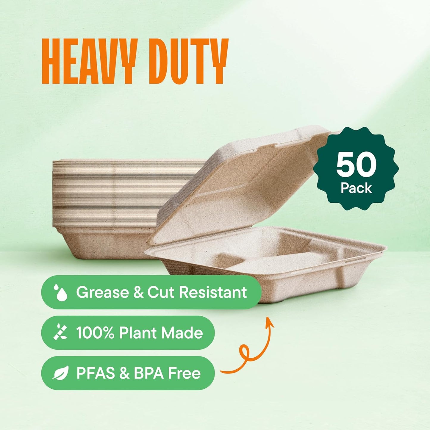 Eco-Friendly Meal Prep Containers 3 Compartment [50-Pack 8x8x3"] Disposable to go Clamshell Food Containers Secure Snap Hinged Lid, Microwave Safe Take Out Lunch Boxes, Made from Renewable Materials