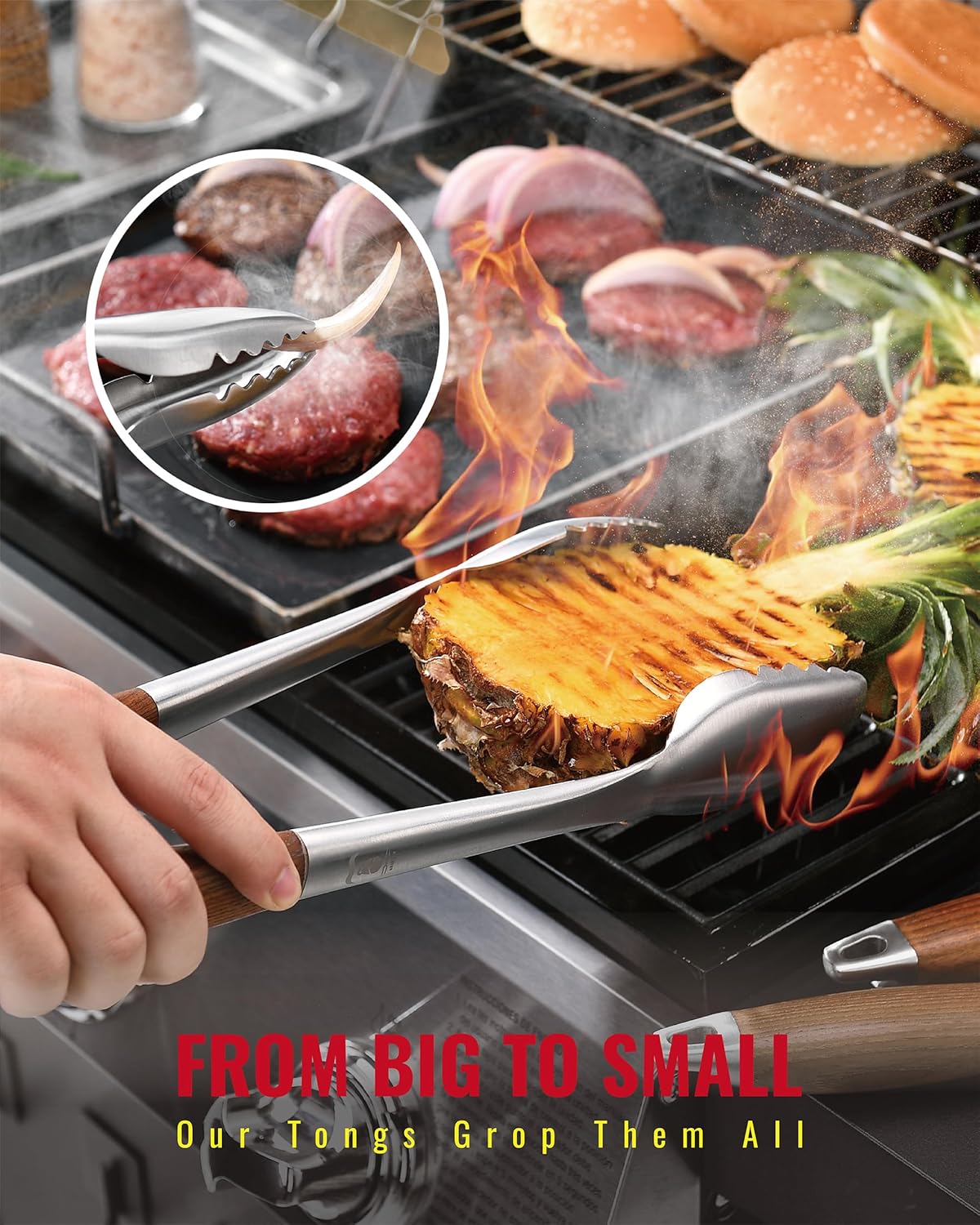 GRILAZ Heavy-Duty Rose Wooden BBQ Grilling Tools Set. Extra Thick Stainless Steel Multi-Function Spatula, Fork & Tongs | Essential Accessories for Barbecue & Grill. Ideal Gift for Father…