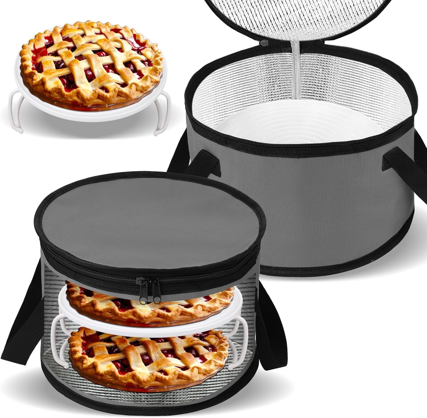Yaomiao 2 Set Round Pie Carrier 11 x 7 Inch with Dish Tray Plate Stacker Insulated Casserole Carrier with Lid and Handle Reusable Cooler Thermal Bag for Cold Food for Potluck Picnic (Black and Purple)