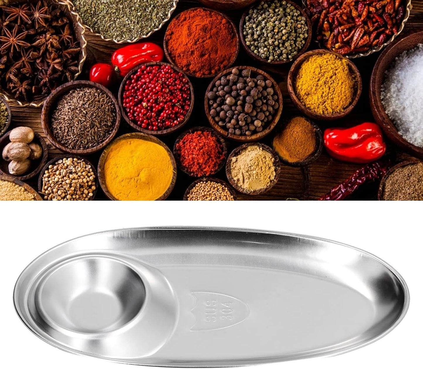 Tissting 304 Stainless Steel Chip Dip Platter Silver Oval Divided Spice Dish Snack Plate for Dip, Appetizers, Snacks, Veggies, Chips, Two Compartment Serving Tray,for Home Outdoor Camping(S-7.9in)
