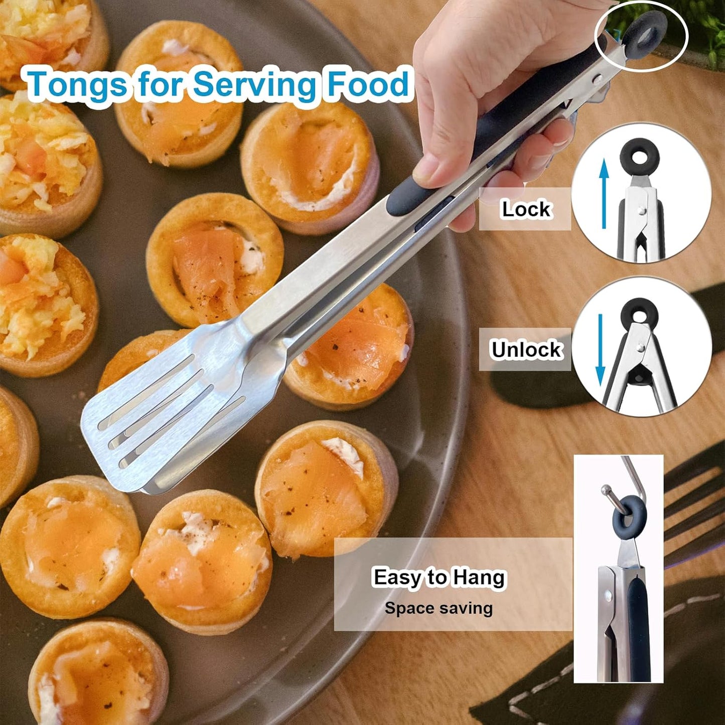 Kitchen Tongs for Cooking, Stainless Steel Salad Tongs for Serving Food Grilling with Locking Ring, Set of 4-9 inch and 12 inch