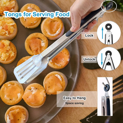Kitchen Tongs for Cooking, Stainless Steel Salad Tongs for Serving Food Grilling with Locking Ring, Set of 4-9 inch and 12 inch