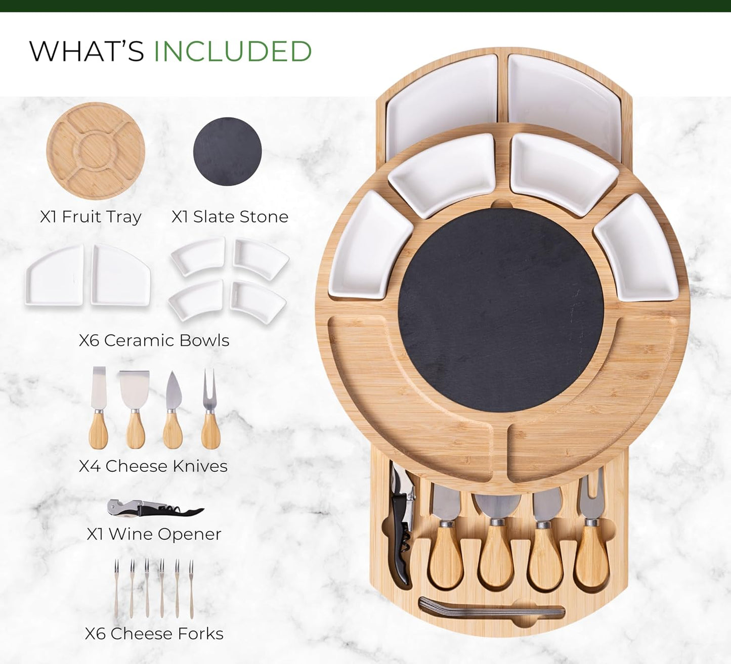 Elegant Bamboo Cheese Board Set: Appetizer & Charcuterie Platter with Drawers, Forks, Knives, Wine Key, Fruit Tray – Perfect Housewarming, Wedding & Bridal Gift.