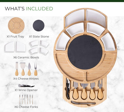 Elegant Bamboo Cheese Board Set: Appetizer & Charcuterie Platter with Drawers, Forks, Knives, Wine Key, Fruit Tray – Perfect Housewarming, Wedding & Bridal Gift.