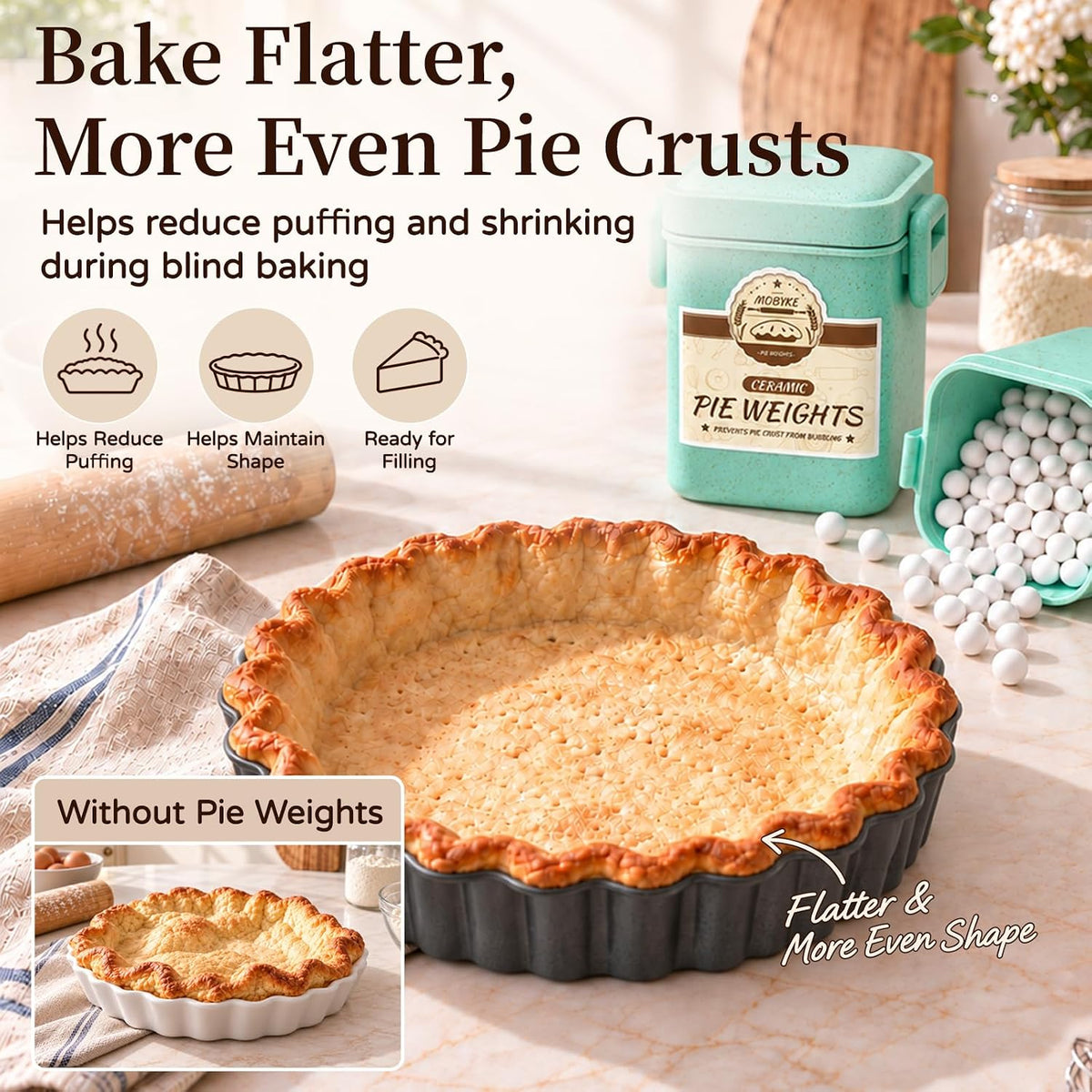 MOBYKE 2.2 LB Ceramic Pie Weights, Reusable Baking Beads for Pie Crust