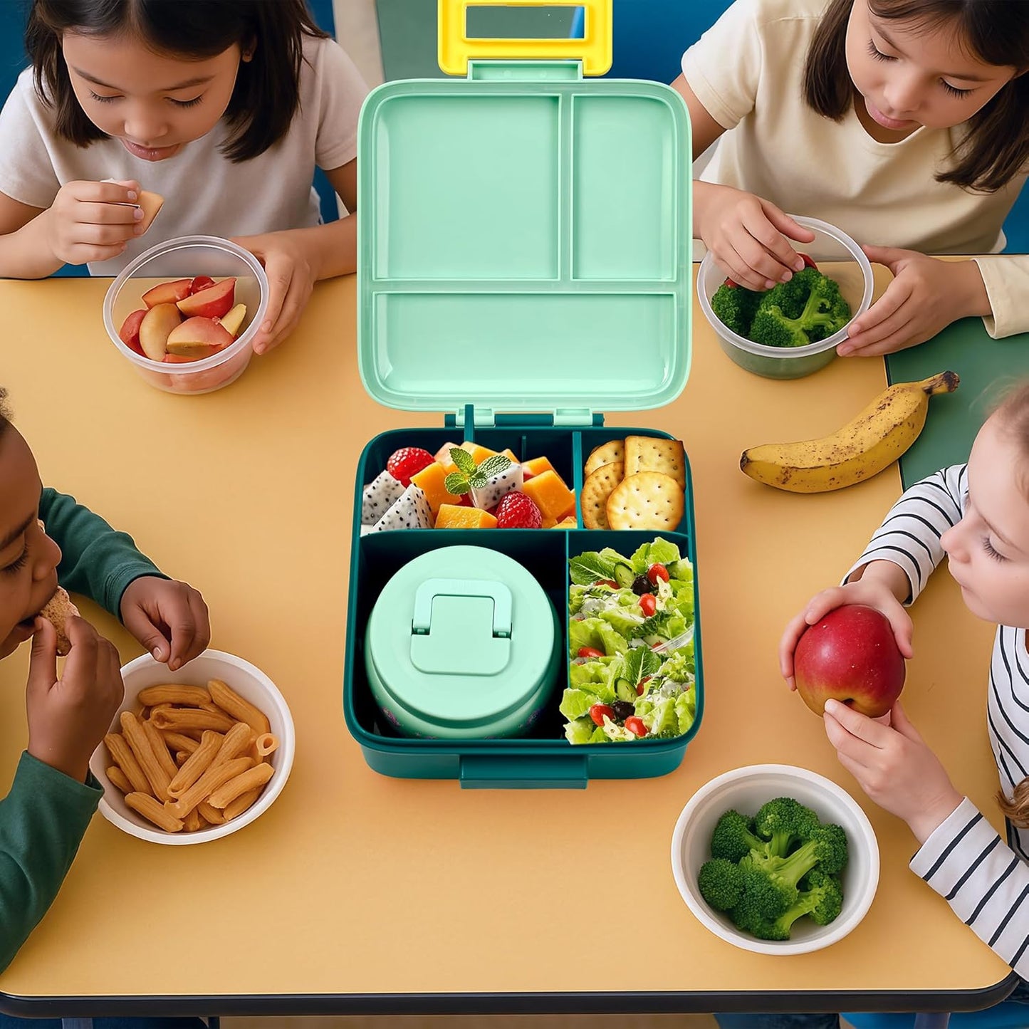 Bento Lunch Box for Kids with 8oz Soup Thermo Leak-Proof Lunch Food Containers with Snack Sauce Container for Kid Girls Boys to School (Yellow Mermaid)