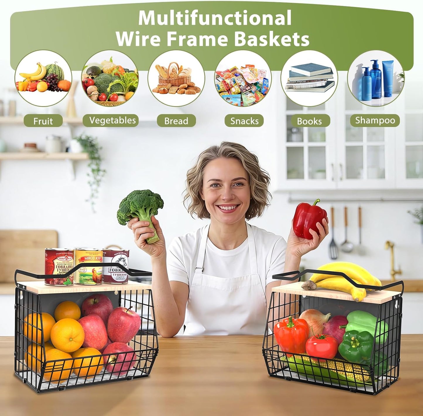 White Fruit Bowl Wire Basket Storage Pantry Fruit and Vegetable Storage Fruit Basket for Kitchen Counter Stackable Wall Mounted Hanging Basket Wire Basket with Wood Lid with Hanger Hooks