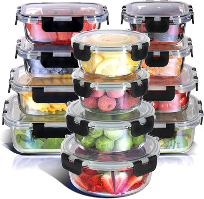 Nestl 24pc (12 Airtight, Freezer Safe Food Storage Containers and 12 Lids), Pantry Kitchen Storage Containers, Glass Meal Prep Container for Lunch, Glass Storage Containers with Lids Black