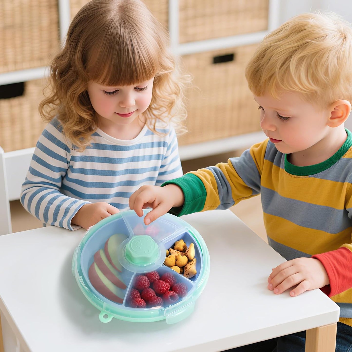 KingKam Kids Snack Spinner Containers, Reusable Toddler Spin Snack Container Box with 4 Compartments & Lid, BPA Free Food Grade Silicone Tray Dishwasher Safe, Travel Snacking Accessories (Blue/Green)