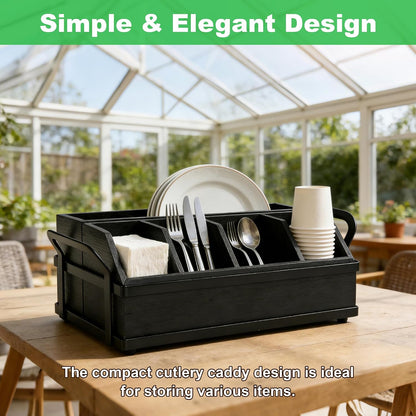 Large Kitchen Utensil Holder Caddy, 6 Compartments Wooden Utensils Organizer for Cooking Utensils, Silverware, Paper Plate, Spoon, Fork, Cutlery Storage on Kitchen Countertop for Party Hosting