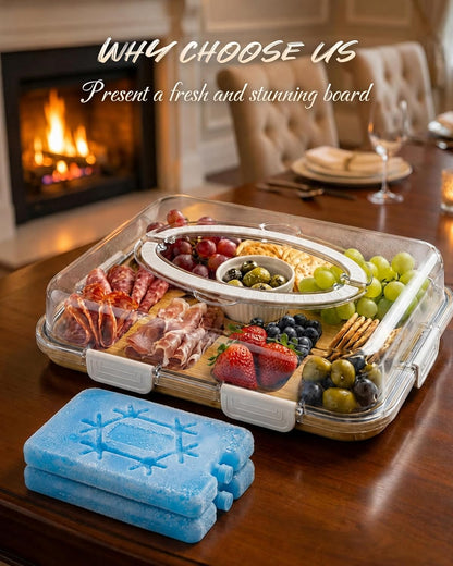 Charcuterie Board with Lid & Ice, Upgraded 6 Snap Laches, Sauce Cup Included, Large Portable Cheese Tray with Handle, Serving Tray for Picnic & Pool, House Warming Gifts New Home (Black)