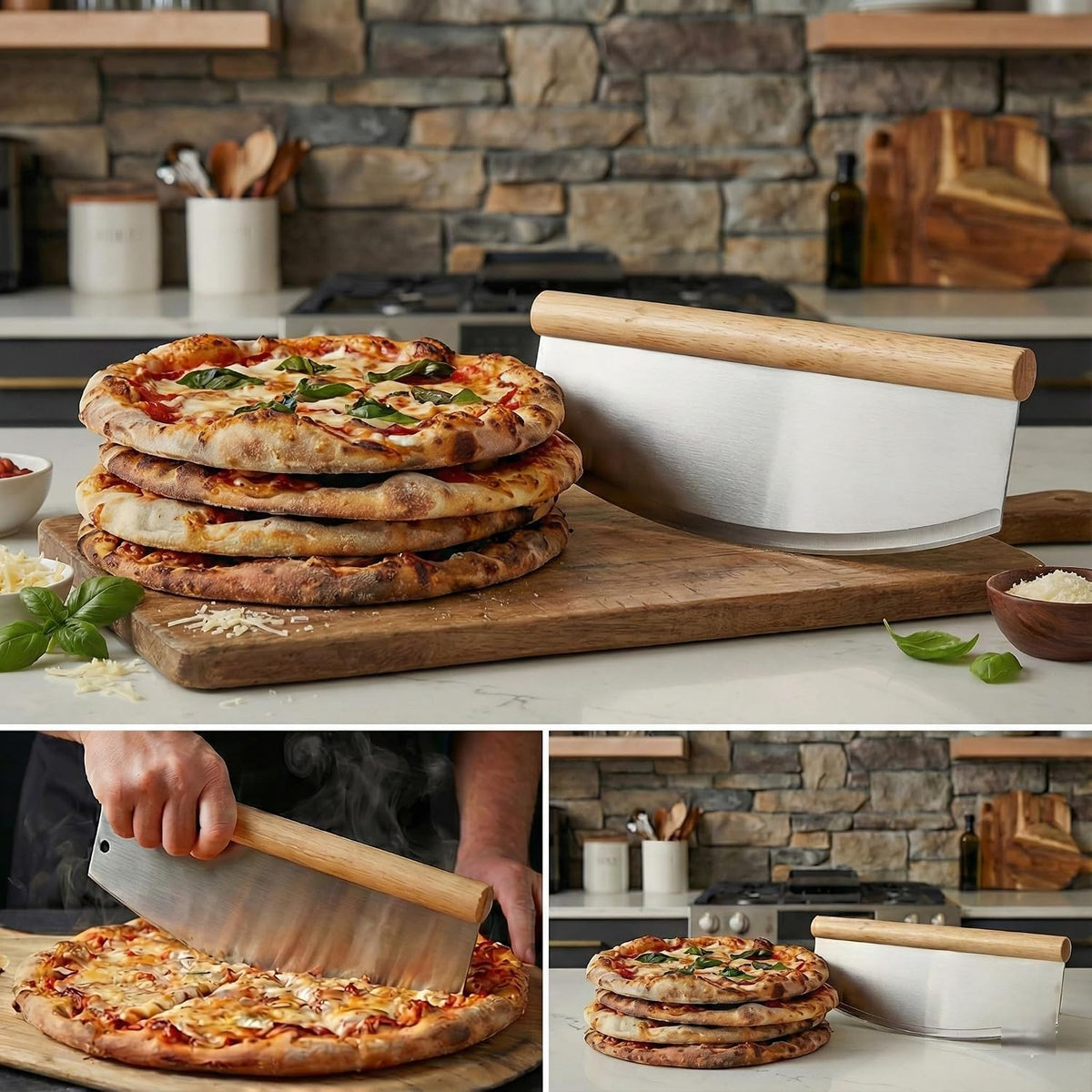 14-Inch Stainless Steel Professional Pizza Rocker Knife, Wood Handle Blade Cutter with Comfort Cover, Commercial Grade Pizza Slicer