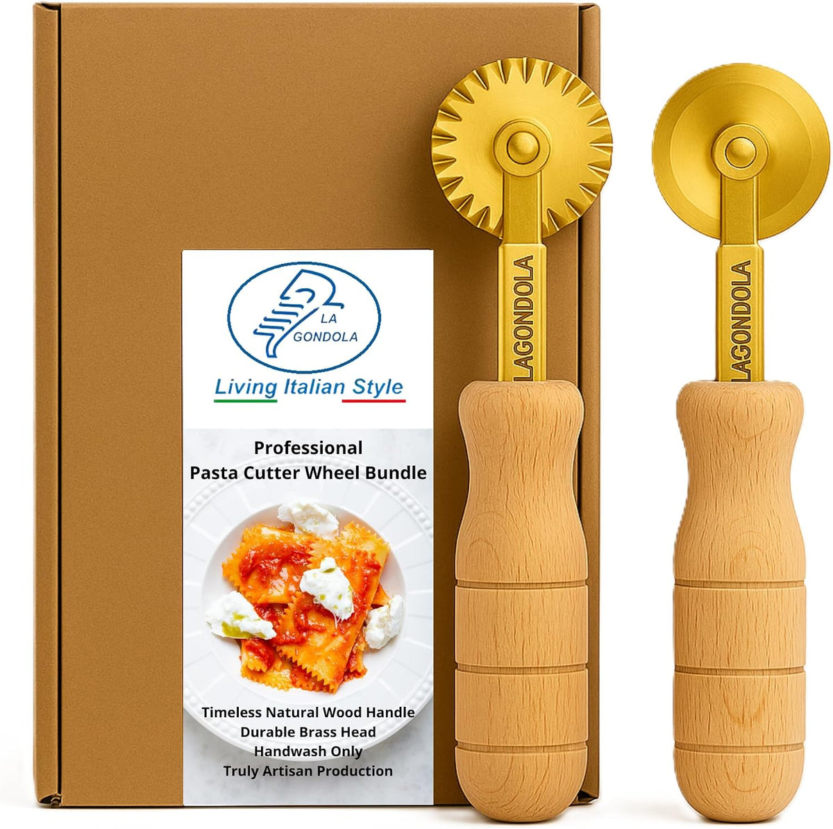 La Gondola Set of 2 Homemade Pasta Cutters - Festooned & Smooth Wheels | Making Tools for Home & Business | Brass & Natural Wood | Easy to Use Cutting Tools | Ravioli Cutters Made in Italy