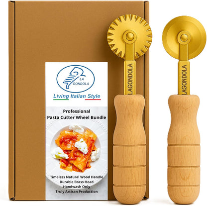 La Gondola Set of 2 Homemade Pasta Cutters - Festooned & Smooth Wheels | Making Tools for Home & Business | Brass & Natural Wood | Easy to Use Cutting Tools | Ravioli Cutters Made in Italy