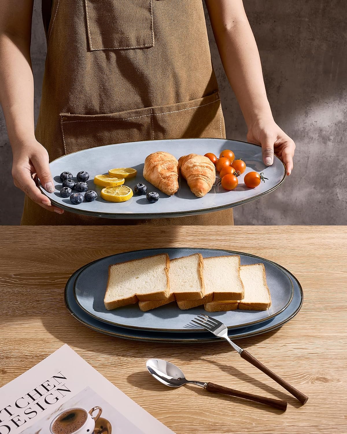 famiware Serving Platter, Oval 15.59/14.3/12.9inch Serving Dishes for Entertaining, Serving Bowls, Microwave Safe, Stoneware Serving Trays for Party, Food, Turkey, Cheese, Ocean Series, Vanilla White