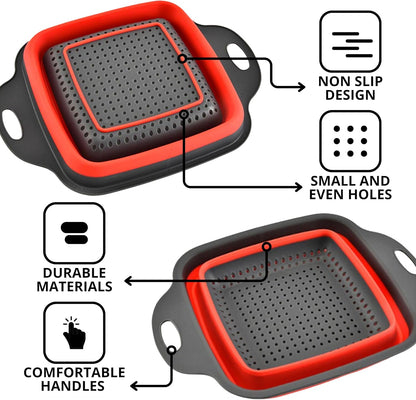 3PCS Green Foldable Kitchen Strainer Set – Silicone Colander Collapsible Strainers and Colanders Green Collander for Kitchen Collapsible Compact Drain Tools for Cooking Prep