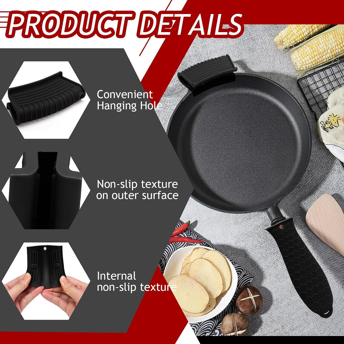 4 Pack Cast Iron Handle Covers, Heat Resistant Silicone, Black