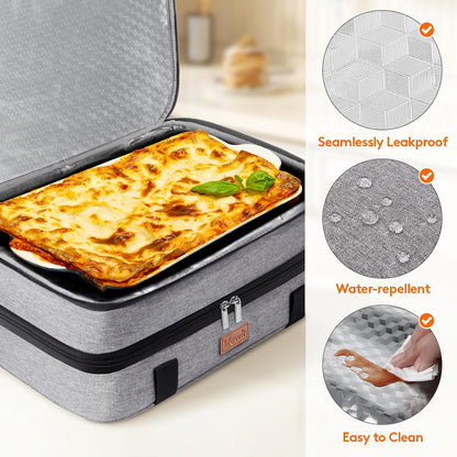 Lifewit Double Decker Casserole Carrier for Hot and Cold Food, Insulated Casserole Dish Carrier Carrying Case with Tool Room, Thermal Bag for Potluck Parties Cookouts Fits 9"×13" Baking Dish, Black