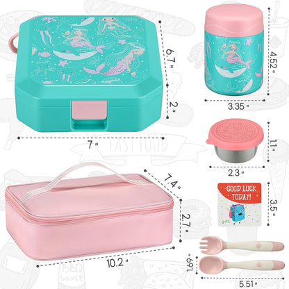 Itslife Bento Lunch Box Set for Kids with 12oz Soup Thermo&Lunch Bag, Leak-Proof Lunch Food Containers for Kids School, 5 Compartment, Sauce Cup, 10 Notes (Dinosaurs Black)