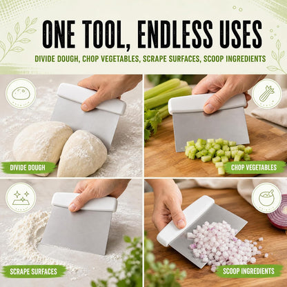Stainless Steel Dough Cutter and Bench Scraper with White Plastic Handle - Pastry Scraper and Dough Divider for Bread, Pizza, Pastry, Baking Prep, and for Kitchen Use (5 7/8" x 4 1/4")