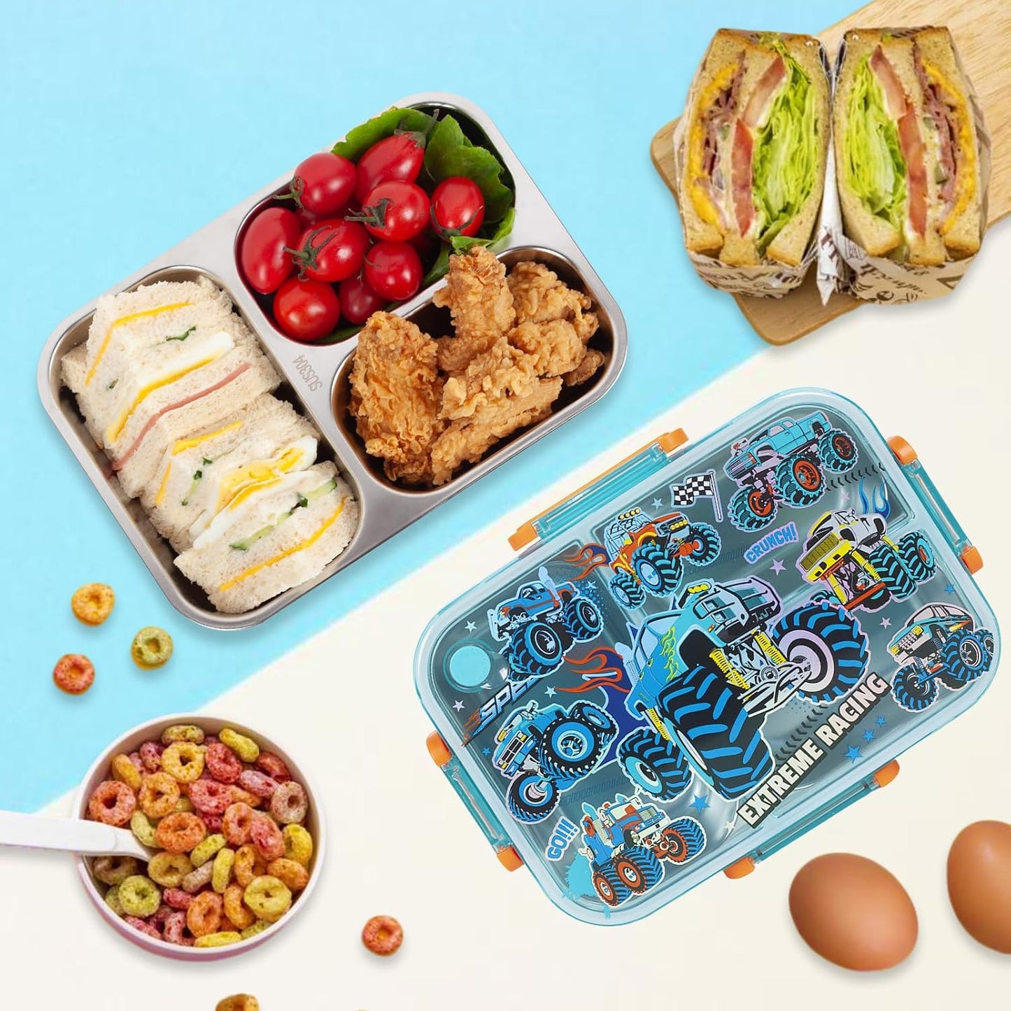 Stainless Steel Bento Lunch Box for Kids, 800ml/27oz BPA-Free Leak-Proof Food Containers with 3 Compartments, Freezer & Dishwasher Safe, Back to School Students Lunches Size for Ages 3-7