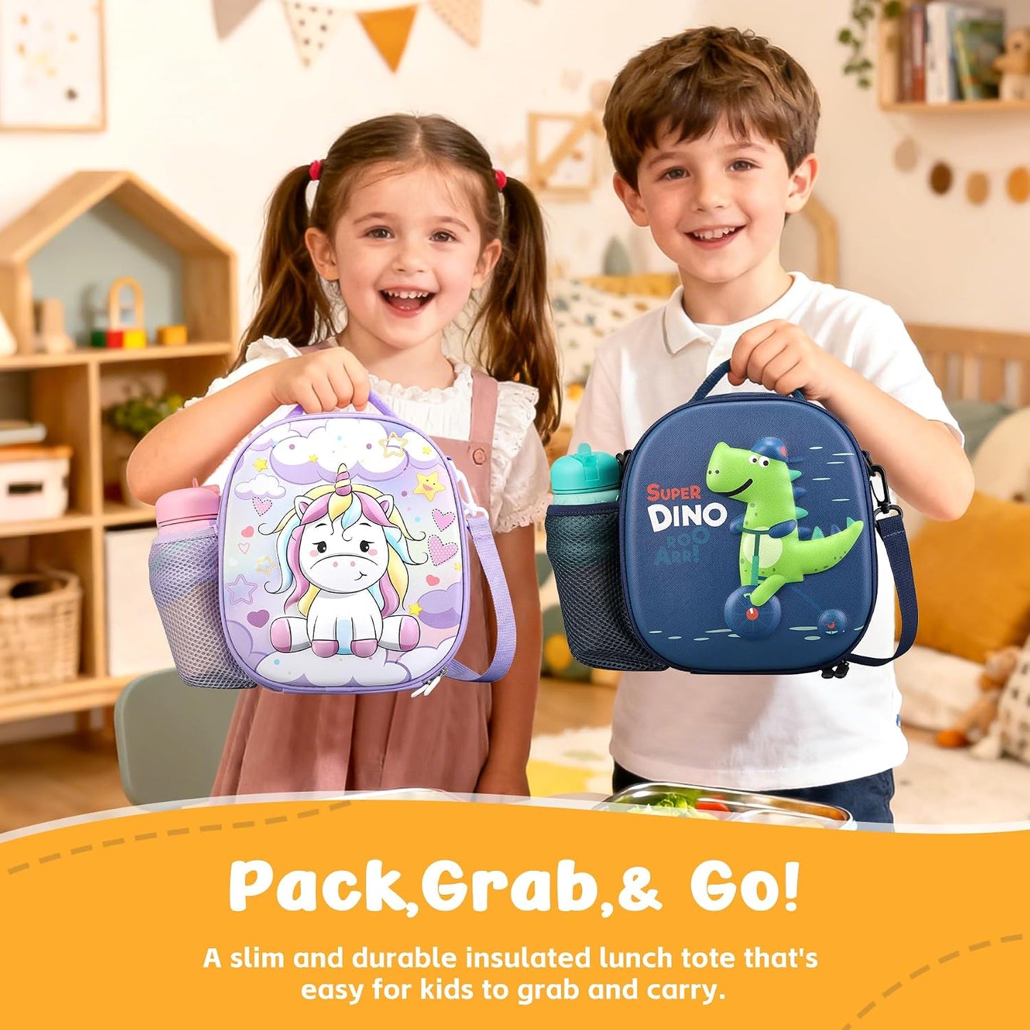 Reusable Insulated Lunch Bag for Kids Teens & Adults with Adjustable Shoulder Strap - Large Durable Lunch Bag Tote for School Travel Picnic Work - Leakproof Design Lunch Carrier (Black -3D Dinosaur)