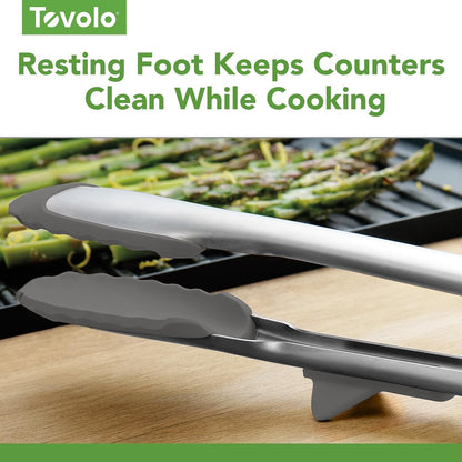 Tovolo Tongs With Silicone Tips Easy Grip 13” Long Kitchen Tongs Stainless Steel Handle For Cooking BBQ, Non Scratch Heat Resistant Locking Metal Silicone Tipped Dishwasher Safe BPA Free, Black