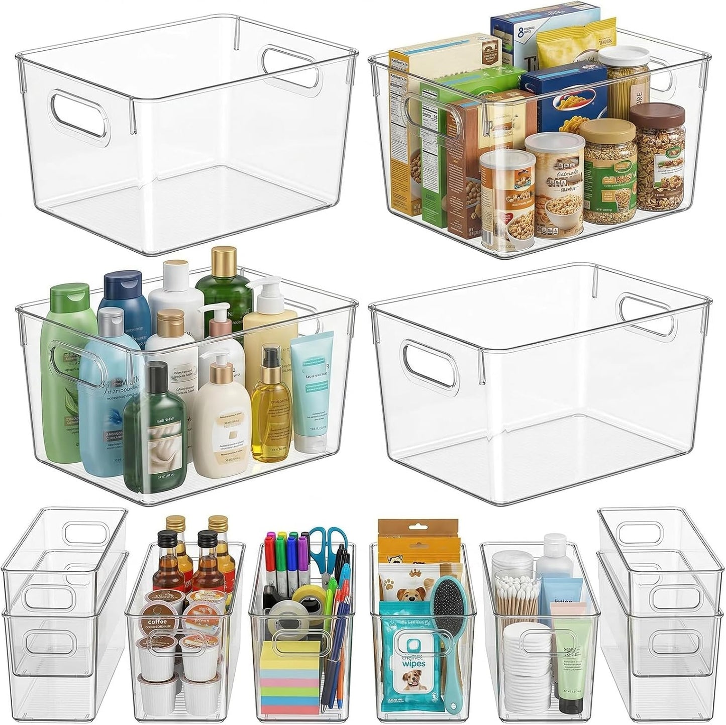 MOONEDGE 6 Pack Clear Organizer Bins 11x8x6in Pantry Organizers and Storage | Clear Containers for Organizing, Plastic Storage Bins with Handles for Drawer, Craft, Fridge, Kitchen Cabinet Shelf